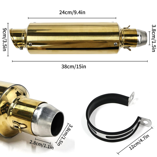 38mm 51mm Universal Motorcycle Golden Muffler Exhaust Stainless Steel Slip on Exhaust Pipe 1.5" 2" for Dirt Bike Street Bike Scooter ATV