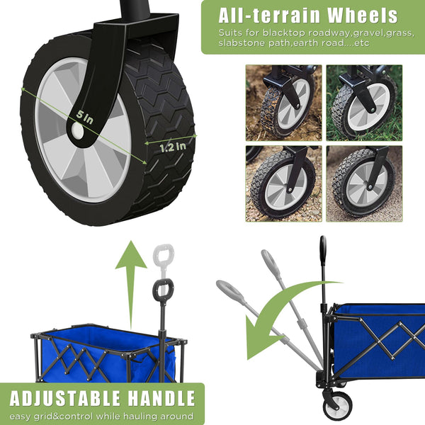 HOFTME Folding Trolley With Wheels,Folding Wagon 100L Capacity All Terrain Wheels with Adjustable Handle & Cover Bag, Picnic Transporter for Holiday