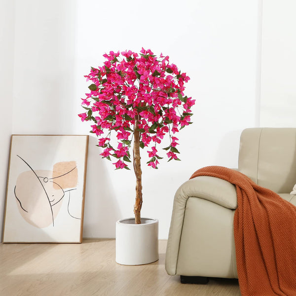 Fopamtri Artificial Plants Bougainvillea 120 cm Artificial Blossom, Fake Plants in Pot Large Pink Artificial Tree with Flowers for Home House Office
