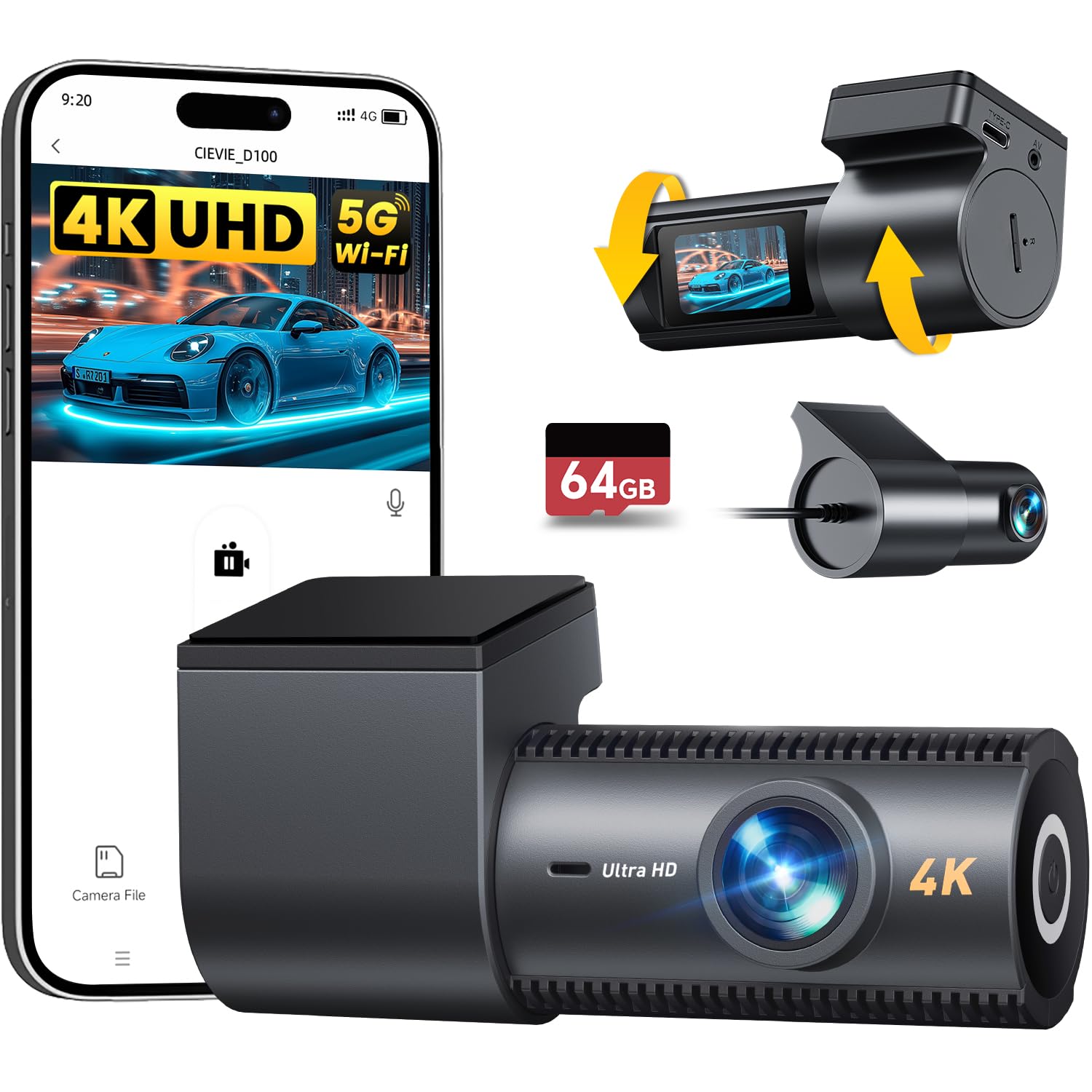 Dash Cam Front and Rear, 4K Dashcam with 64GB SD Card, 1.5'' IPS Display Dual Car Camera with 5GHz Wi-Fi, 24/7 Parking Mode, G-Sensor, Night Vision, 170° Wide Angle, Loop Recording, App Control