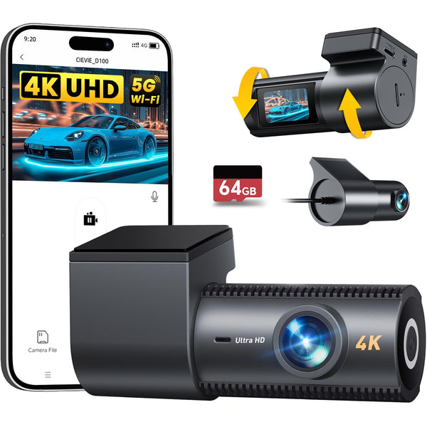 Dash Cam Front and Rear, 4K Dashcam with 64GB SD Card, 1.5'' IPS Display Dual Car Camera with 5GHz Wi-Fi, 24/7 Parking Mode, G-Sensor, Night Vision, 170° Wide Angle, Loop Recording, App Control