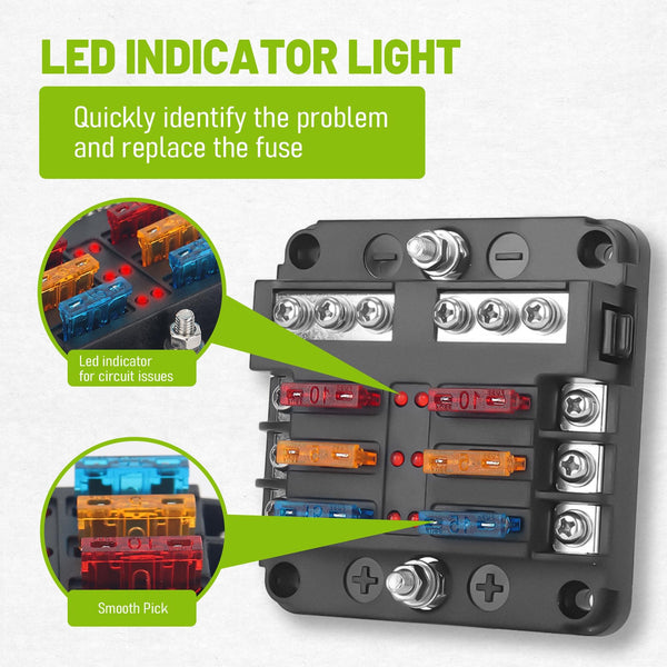 Chelhead 6 Way Boat Fuse Block with LED Indicator 6 Circuit Blade Fuse Blocks 12 Volt Automotive Waterproof with Negative Bus Suitable for 12V/24V Car RV Trailer Truck