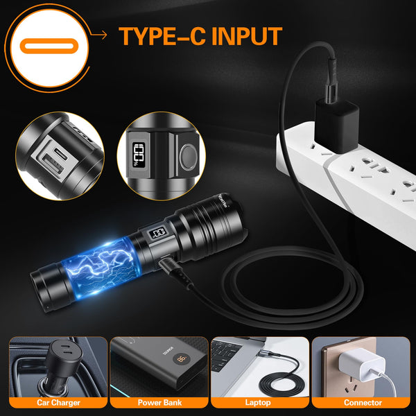 Relybo Torches LED Super Bright Rechargeable, Flashlight 500000 Lumens XHQ99 Torches Battery Powered, Tactical LED Torch Rechargeable, Powerful Torch Flash Light for Dog Walking Camping Emergency Gift