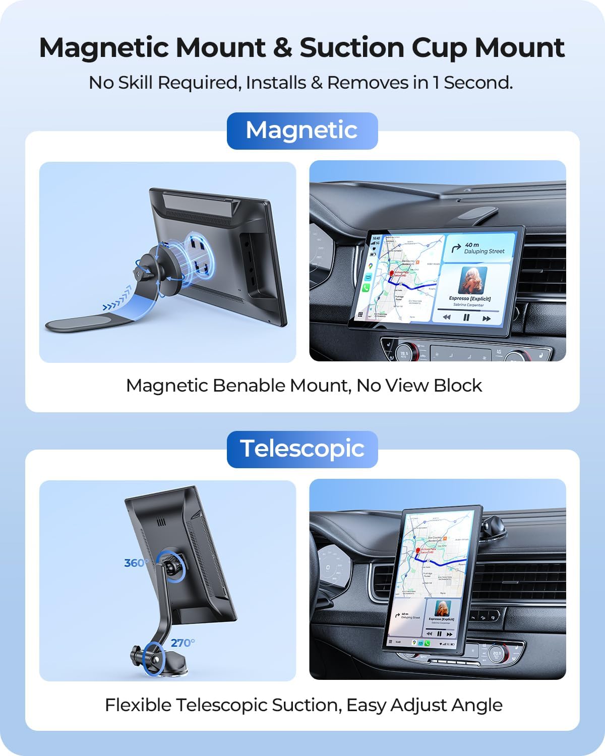 9" Wireless Portable 60FPS Car Screen for Apple CarPlay & Android Auto, 1024*600 HD Display, Magnetic Mount, OTA, Portrait and Landscape Modes, Backup Camera, Bluetooth, Voice Control, GPS Navigation