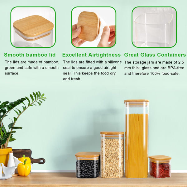 Finew Storage Jars with Lids, Set of 10 Airtight Glass Jars 2100ml 1500ml 750ml 350ml, Square Storage Jars & Canisters, Spice Jars for Pasta Flour