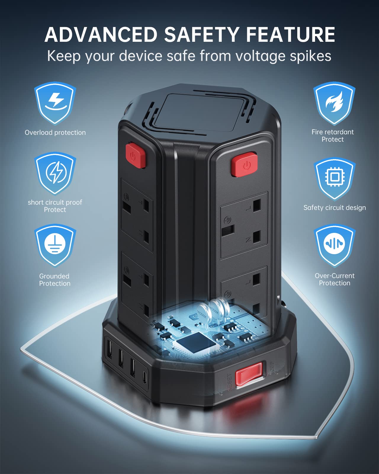 Tower Extension Lead, (3250W 13A) Extension Tower 8 AC Outlets & 4 USB Ports, Surge Protection Extension Lead with 4 Independent Switch, 17W USB C Ports Extension Cable 3M for Office, Home, Kitchen