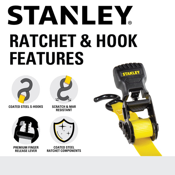 STANLEY S1007 Black/Yellow 1.5" x 16' Ratchet Tie Down Straps - 1,100 lb Safe Working Load / 3,300 lb Break Strength, 2 Pack