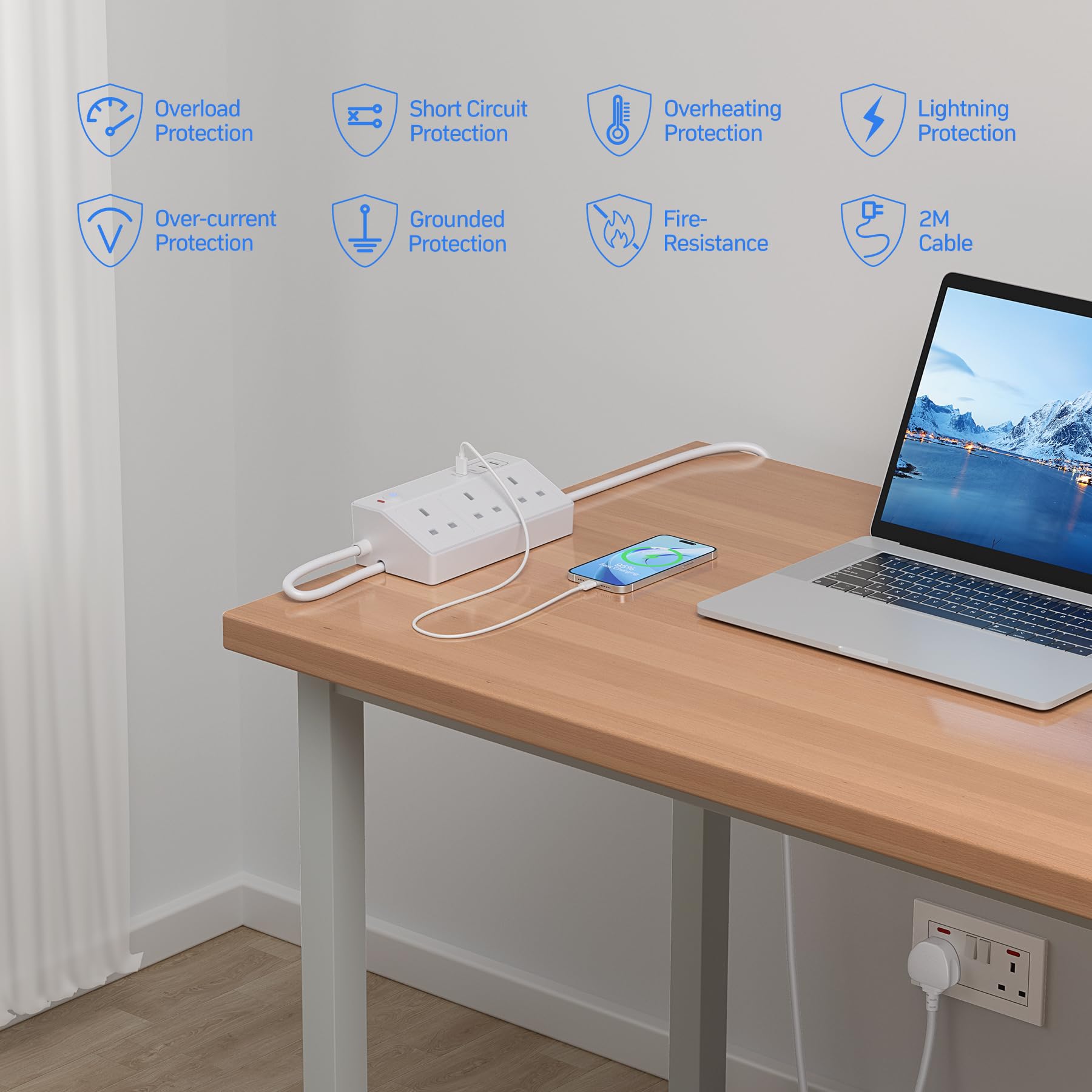 Desk Power Socket with USB C Slots, HAFINO PD 20W Fast Charging Power Station, 2M Extension Lead with USB Slots with Removable Clamp, Desktop Power Strip for Home Office