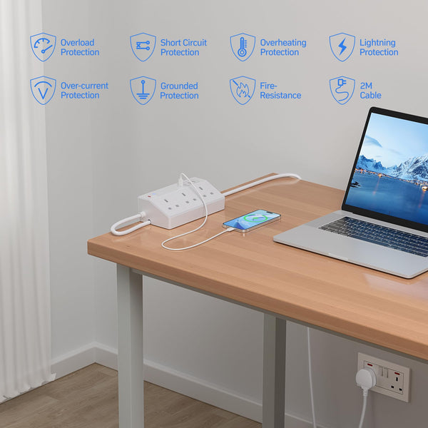 Desk Power Socket with USB C Slots, HAFINO PD 20W Fast Charging Power Station, 2M Extension Lead with USB Slots with Removable Clamp, Desktop Power Strip for Home Office