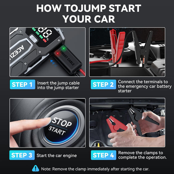 ACEZUK Battery Jump Starter Pack 5000A Car Jump Starter 12V 8-in-1 Car Battery Booster Pack Up to 7.0L Gas & 5.5L Diesel Engines Power Bank with Flashlight,Large Screen,Jump Leads