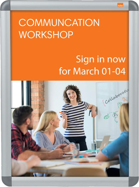 Nobo A3 Poster Frame Sign Holder With Snap Frame, Wall Mounted, Aluminium Trim, Anti-Glare Protective Cover, Premium Plus, Silver, 1902213