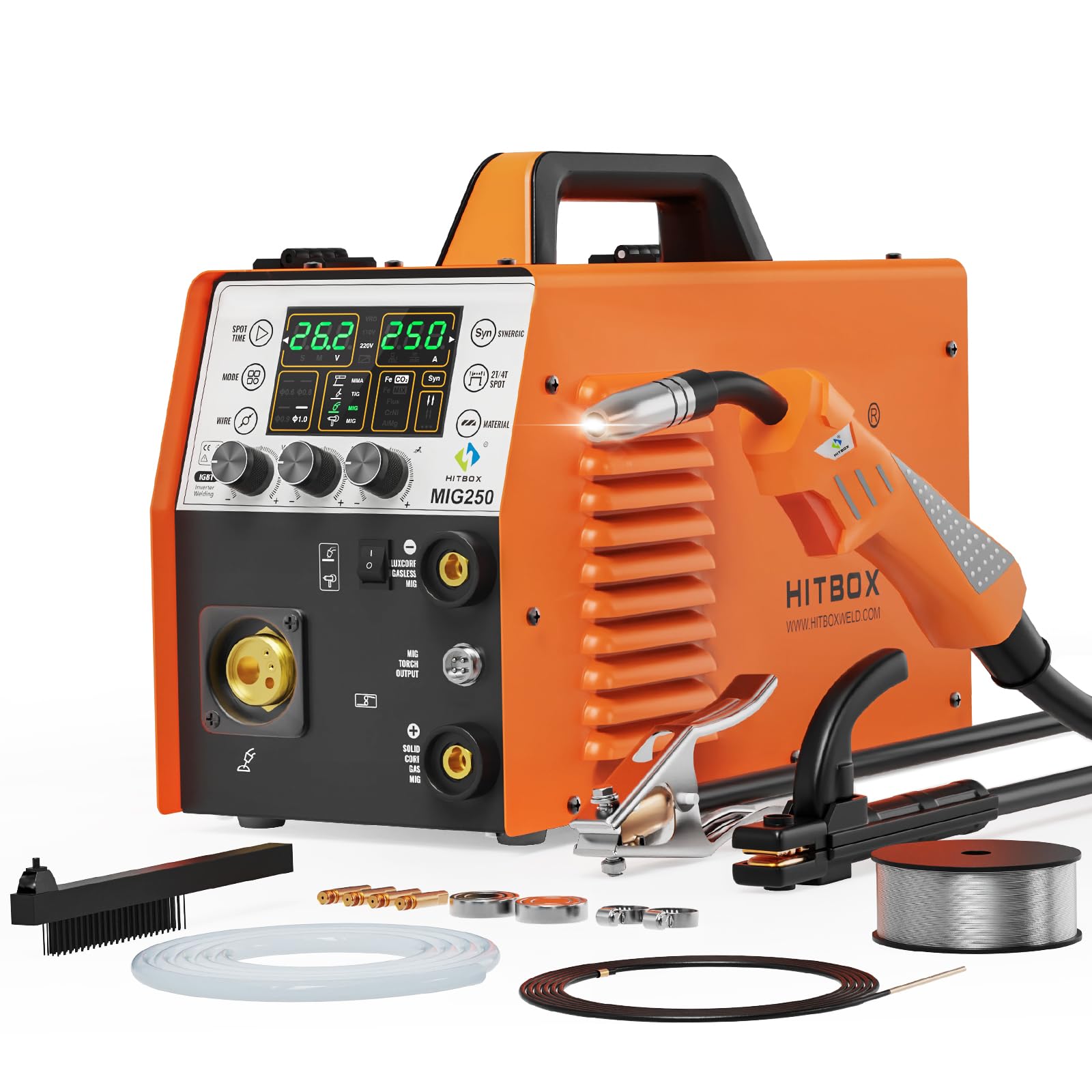 HITBOX 6 in 1 MIG Welder Gas/Gasless 250A 240V LED Digital MIG Welding Machine Flux Solid Wire MIG ARC Lift TIG Inverter Welders, Aluminum Weldable(MIG250)