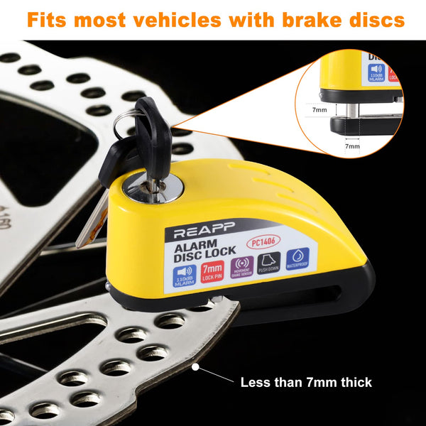 REAPP Alarm Disc Lock Motorbike Lock, Disc Brake Lock 110db with Reminder Cable and Carry Pouch, High Security Disc Lock for Motorcycle Bike Moped Motocross