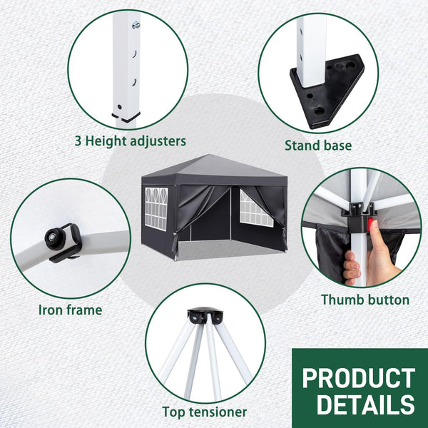 Bonnlo Pop Up Gazebo with Sides 3m x 3m, Easy Setup Instant Outdoor Canopy, Folding Garden Gazebo, Party Tent Grey