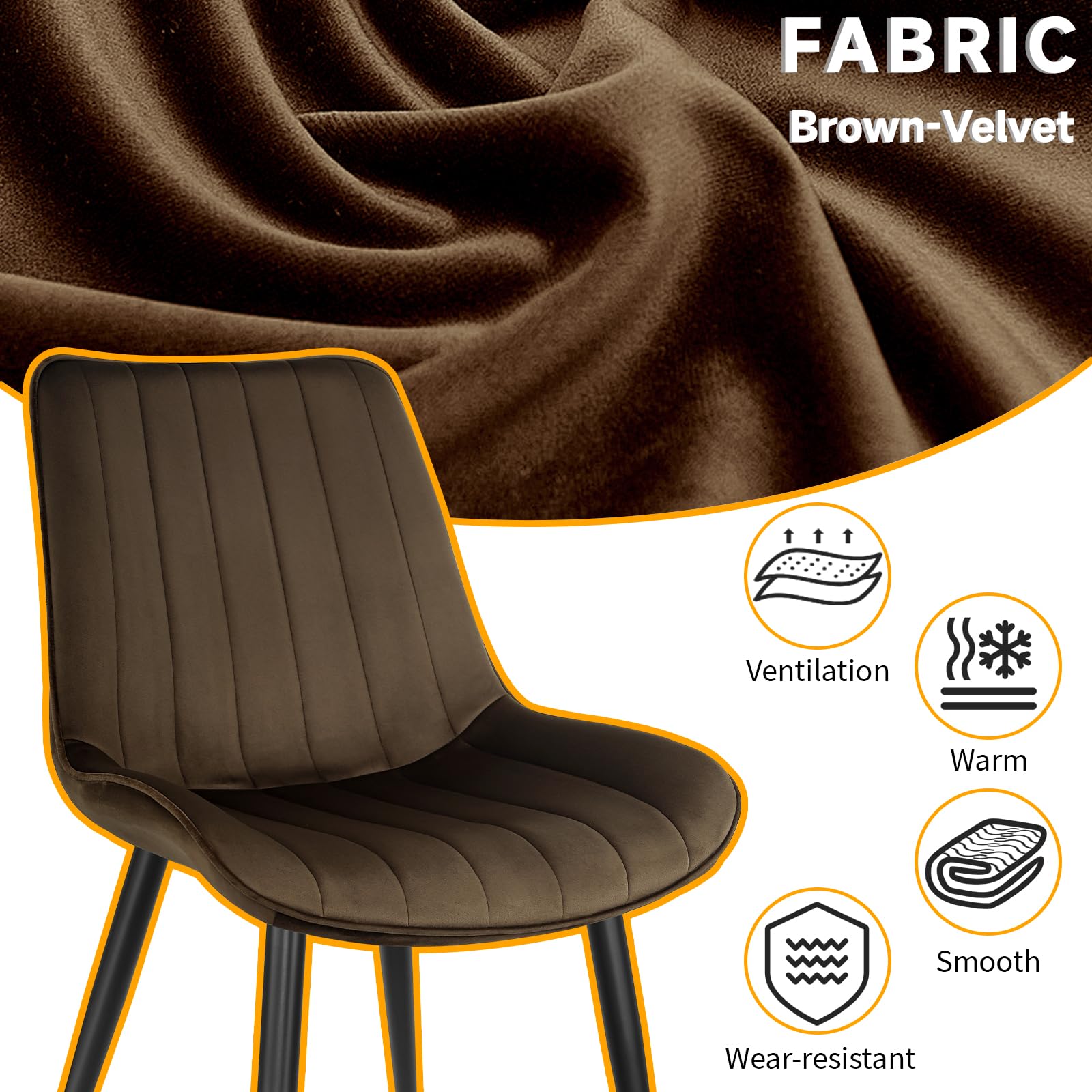 LONGTOO Set of 6 Dining Chairs with Velvet Upholstered Seat & Backrest,Stable Metal Legs,Modern Stripe Design,Champagne