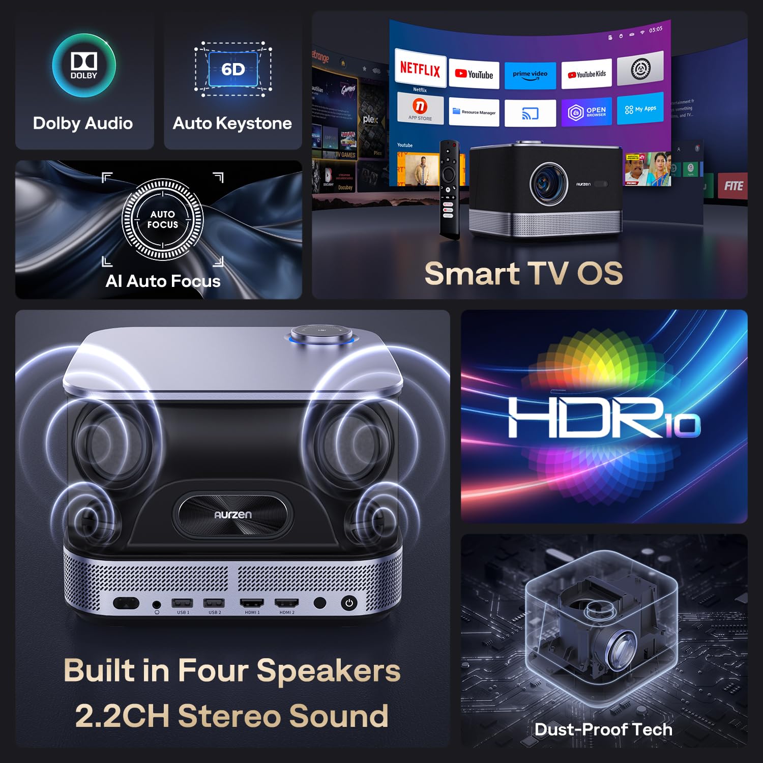 NetfIix Officially & DoIby Audio,AURZEN 4K Supported Smart Projector with Auto Focus & Keystone, +100% Lumens, HDR 10 60Hz WiFi Bluetooth Outdoor Projector for Smartphone/USB/HDMI/USB