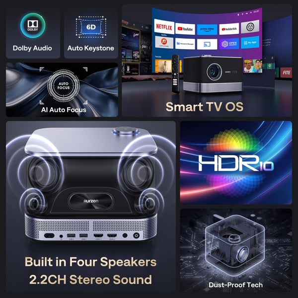 NetfIix Officially & DoIby Audio,AURZEN 4K Supported Smart Projector with Auto Focus & Keystone, +100% Lumens, HDR 10 60Hz WiFi Bluetooth Outdoor Projector for Smartphone/USB/HDMI/USB