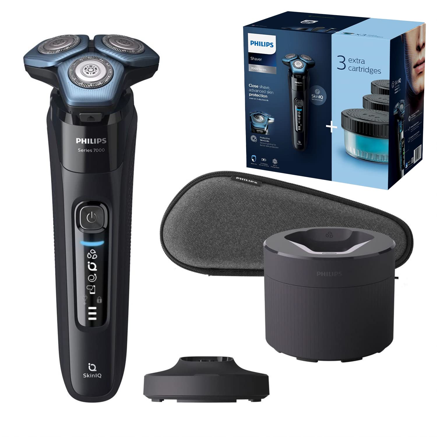 Philips Shaver Series 7000 - Wet & Dry Mens Electric Shaver with SkinIQ Technology, Pop-up Trimmer, Charging Stand, Travel Case, 1 x Quick Clean Pod and 4 x Quick Clean Cartridges (Model S7885/63)