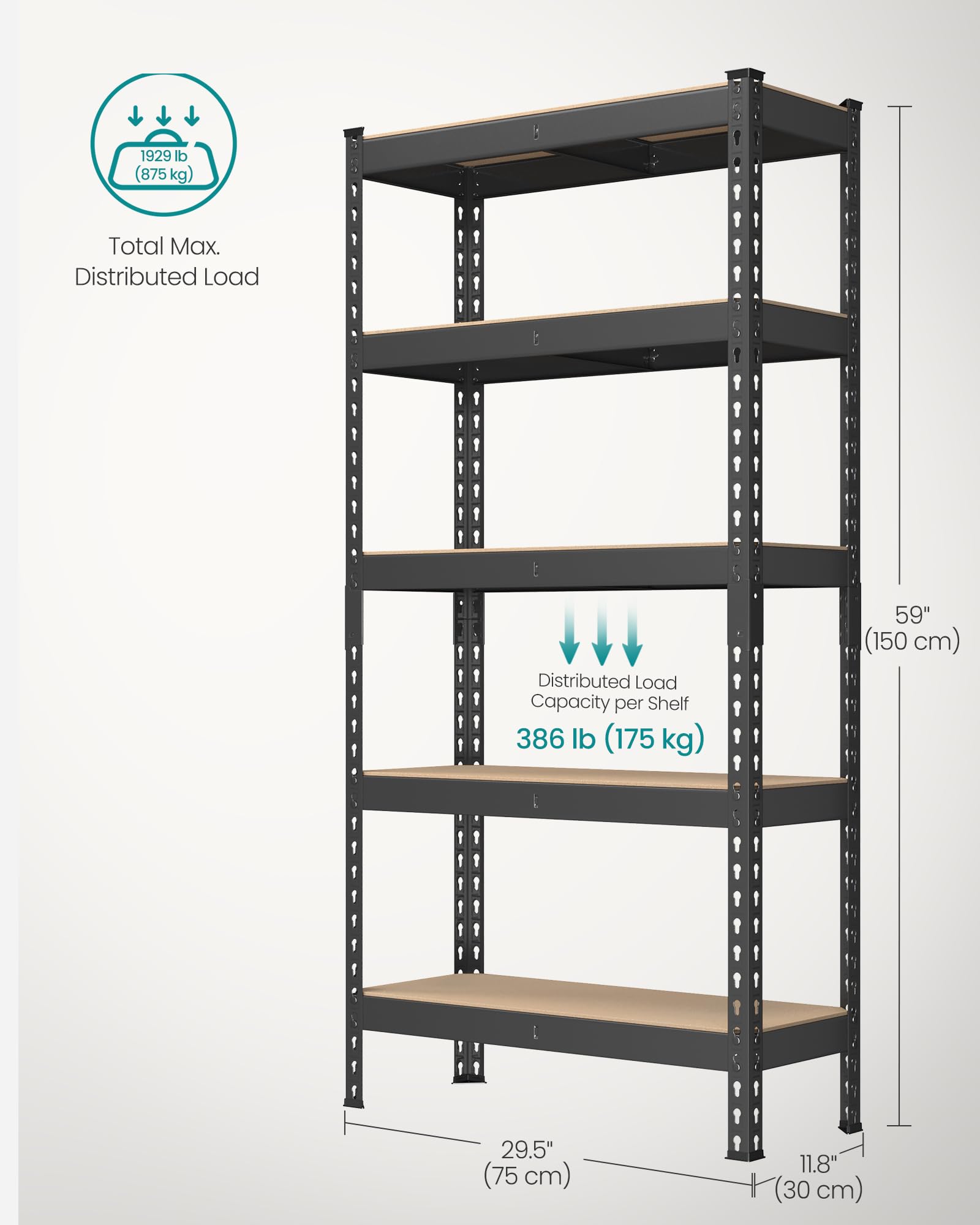 SONGMICS 5-Tier Shelving Unit, Storage Shelves, for Garage, Boltless Assembly, Adjustable Shelves, 30 x 75 x 150 cm, Load 875 kg, for Shed Warehouse Basement Kitchen, Black GLR300B01