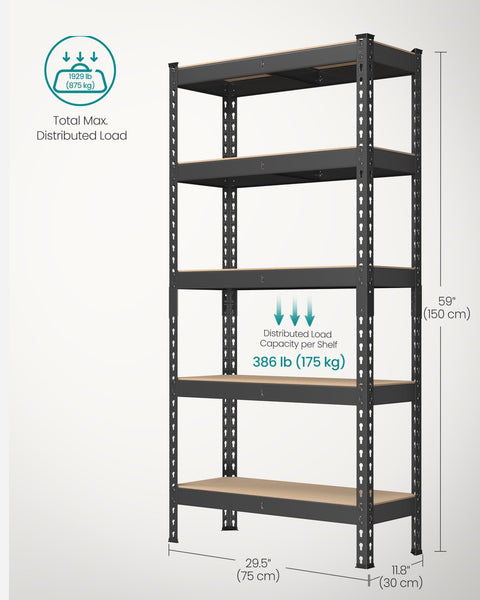 SONGMICS 5-Tier Shelving Unit, Storage Shelves, for Garage, Boltless Assembly, Adjustable Shelves, 30 x 75 x 150 cm, Load 875 kg, for Shed Warehouse Basement Kitchen, Black GLR300B01