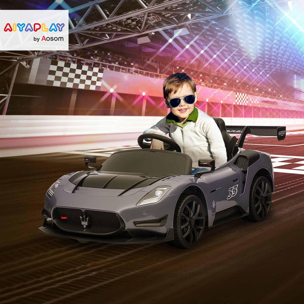 AIYAPLAY Maserati GT2 Licensed 12V Electric Car for Kids, Kids' Electric Ride on with Suspension System, Remote Control, USB, Music, Horn, Lights, Auxiliary Wheels, for Ages 3-5 Years, Grey
