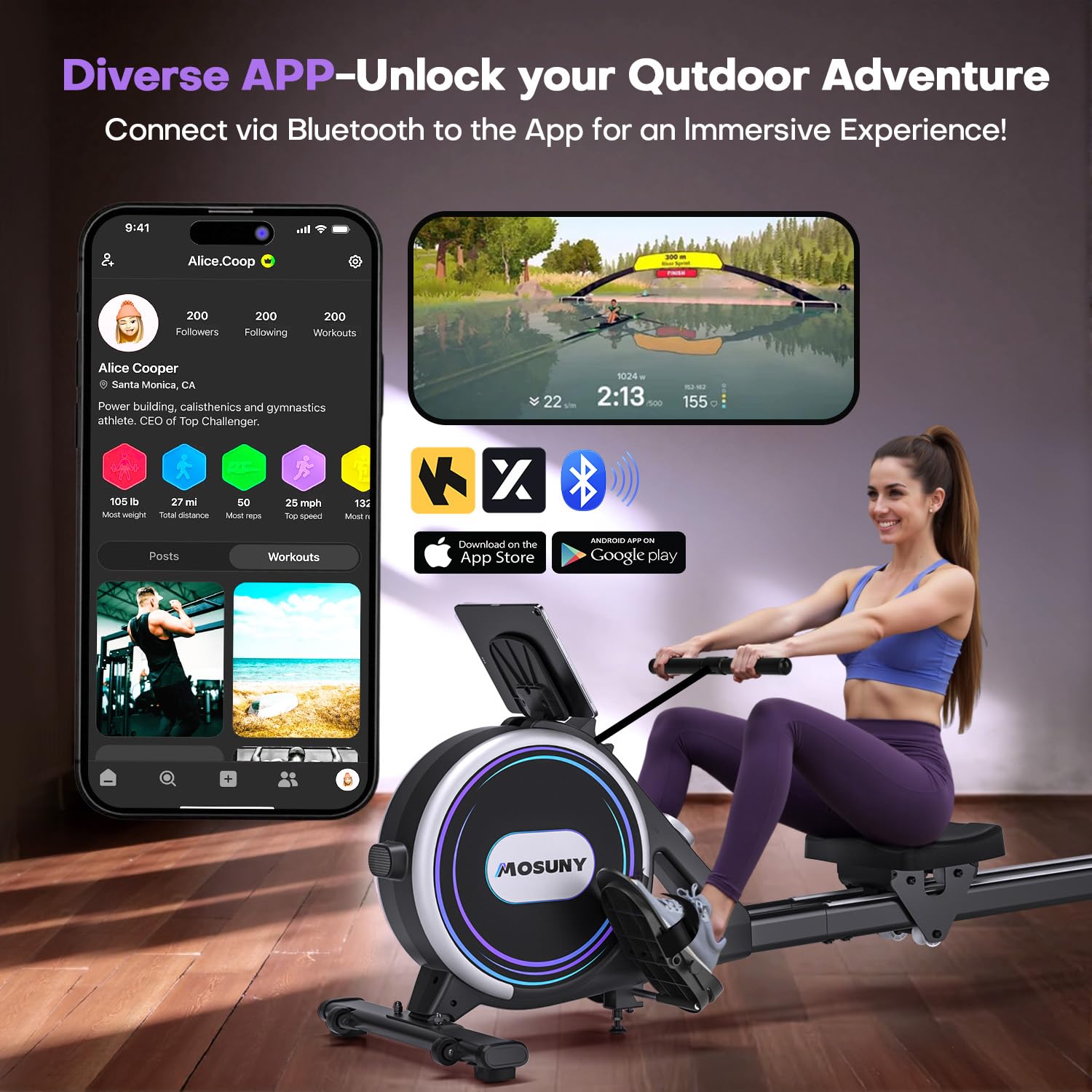 Rowing Machine, MOSUNY Ultra-Quiet Magnetic Rowing Machines for Home Gym with 16/32 Level Resistance & App Support, Upgrade Smooth Double Glide System, 350LBS Capacity Foldable Rower with LCD Monitor