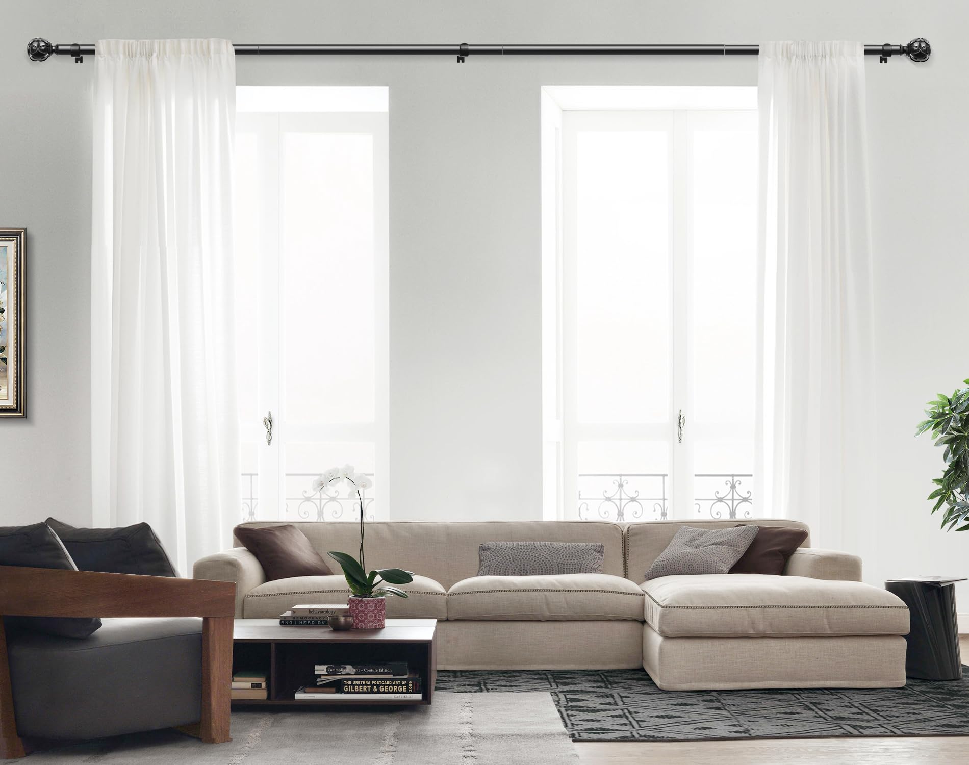 KAMANINA Black Curtain Poles for Eyelet Curtains, Adjustable Curtain Pole 80 to 365 cm, 22 mm Diameter Single Curtain Rod with Netted Texture Finials,