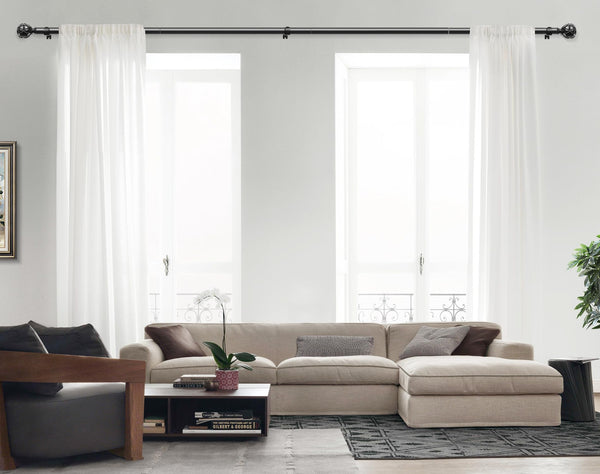 KAMANINA Curtain Poles for Eyelet Curtains 80 to 304 cm, Extendable Black Curtain Pole with Brackets, 22 mm Diameter Single Curtain Rod with Netted