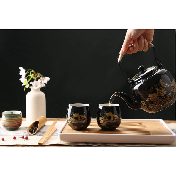 Dujust Japanese Tea Set, Black Porcelain Tea Set with 1 Teapot Set, 6 Tea Cups, 1 Tea Tray, 1 Stainless Infuser, Beautiful Asian Tea Set for Tea