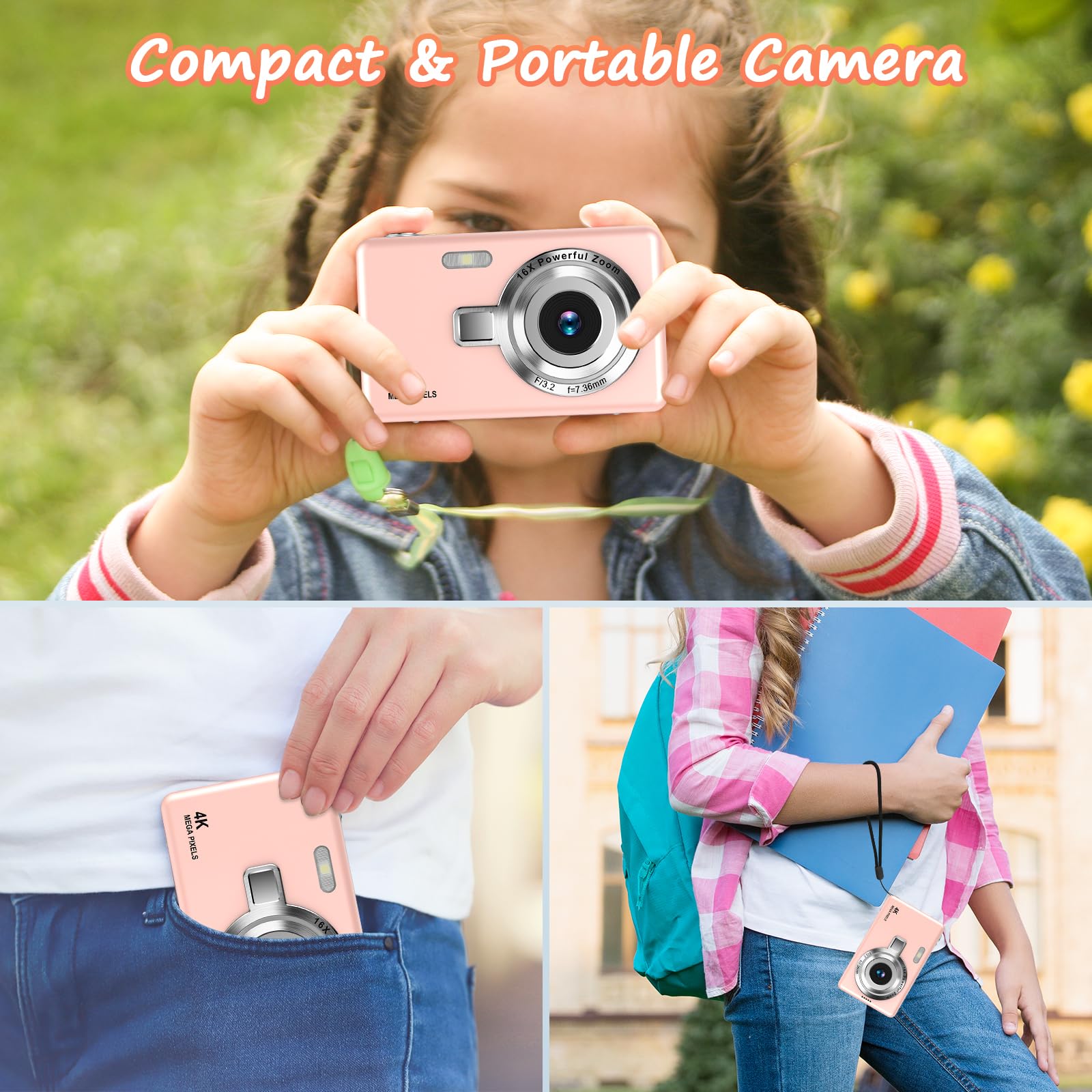 Digital Camera 1080P FHD 44MP with 2.4" LCD Screen,16X Digital Zoom, Compact Portable Vlogging Camera with 32gb SD Card for Kids Teen Students Beginner (Silver)