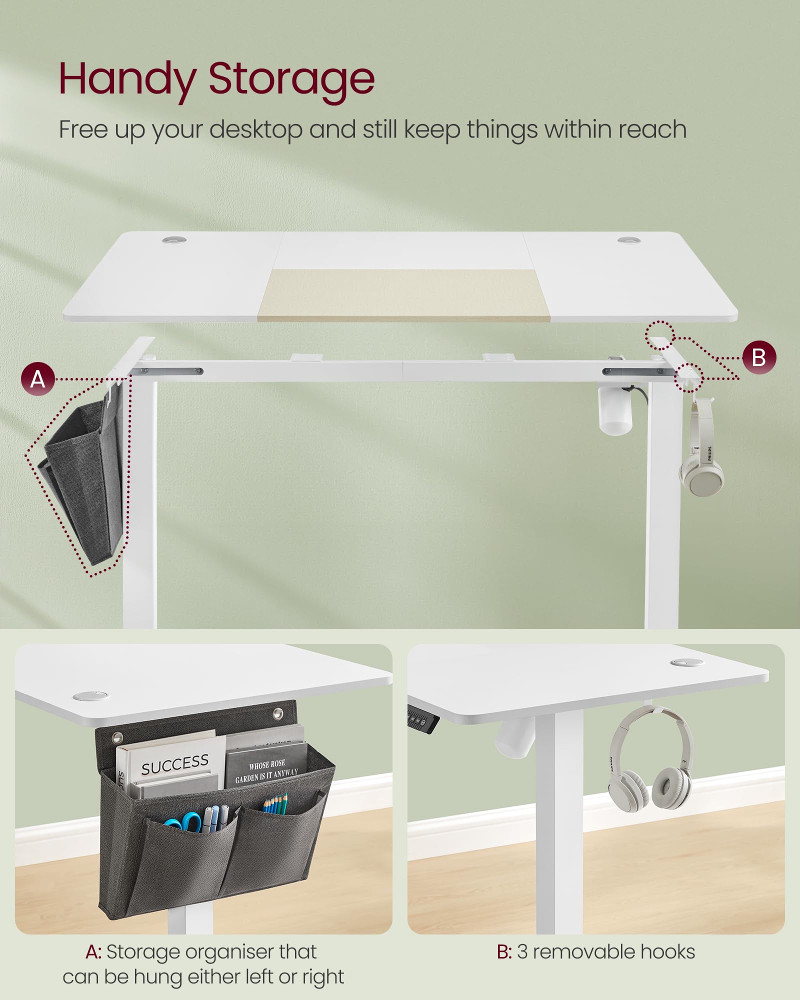 VASAGLE Electric Standing Desk, Height Adjustable Desk, 60 x 140 x (72-120) cm, 4 Memory Heights, Storage Pocket, for Home Office, Study, Rustic Brown and Ink Black LSD134K02