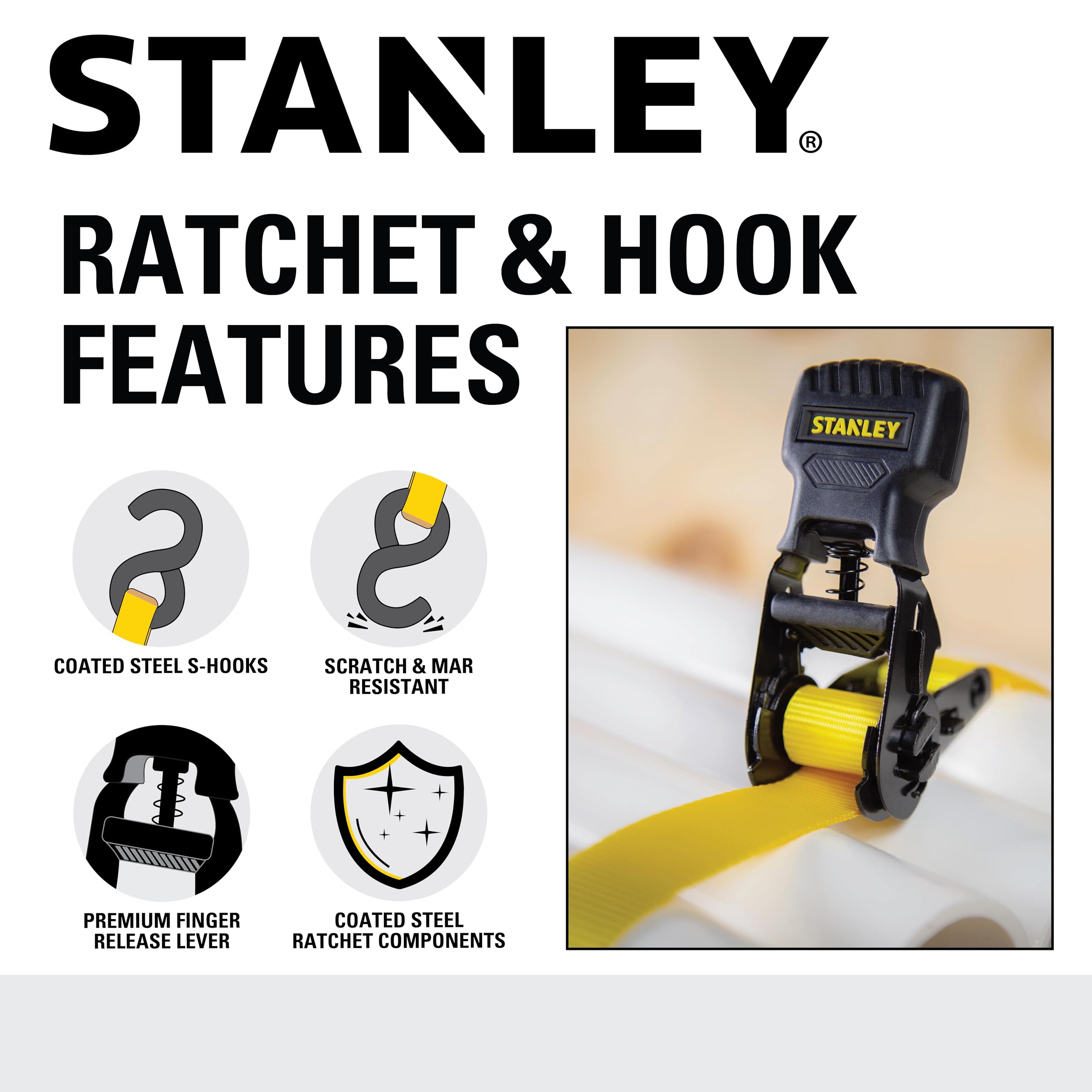 STANLEY S1007 Black/Yellow 1.5" x 16' Ratchet Tie Down Straps - 1,100 lb Safe Working Load / 3,300 lb Break Strength, 2 Pack