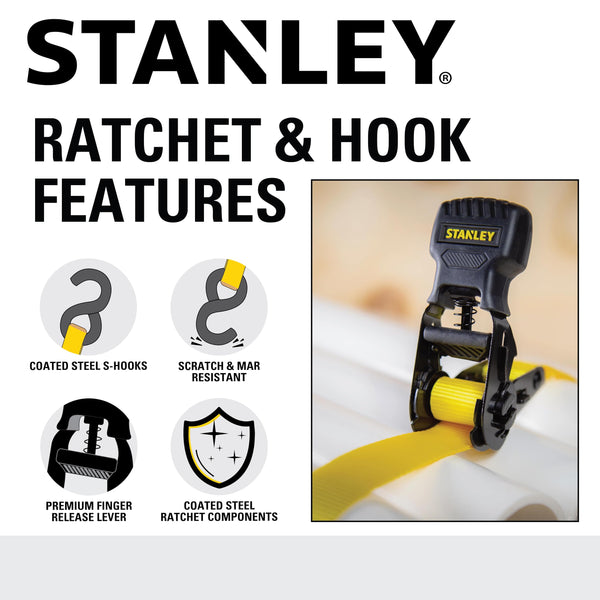 STANLEY S1007 Black/Yellow 1.5" x 16' Ratchet Tie Down Straps - 1,100 lb Safe Working Load / 3,300 lb Break Strength, 2 Pack