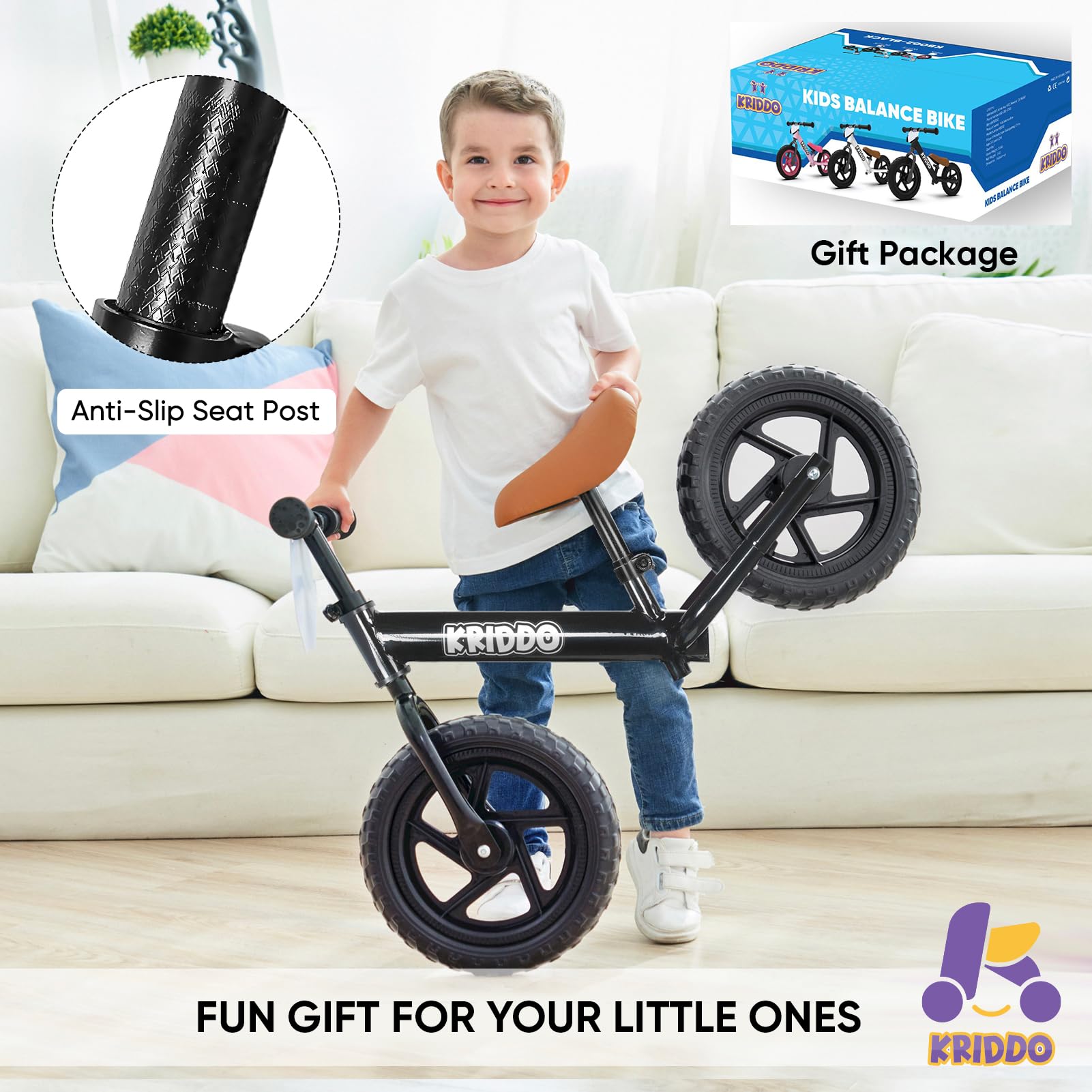 KRIDDO Toddler Balance Bike 2 Year Old, Age 18 Months to 5 Years Old, 12 Inch Push Bicycle with Customize Plate (3 Sets of Stickers Included), Gift Bike for 2-3 Boys Girls, Blue
