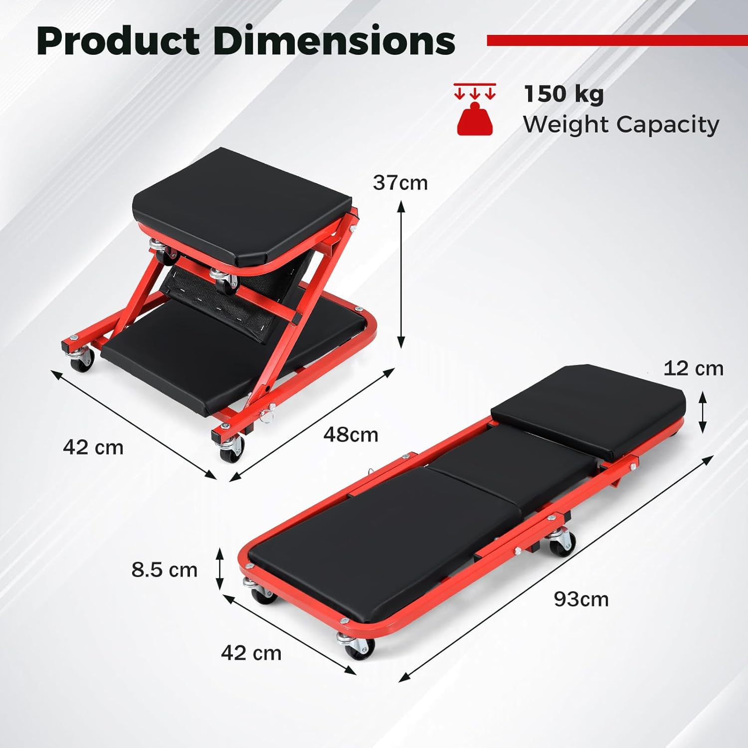COSTWAY 2-in-1 Folding Car Creeper and Seat, 37Inch Padded Mechanics Creeper Stool with 6 Rotatable Wheels, Rolling Garage Work Crawler Board Bench, Maximum Load 150 KG