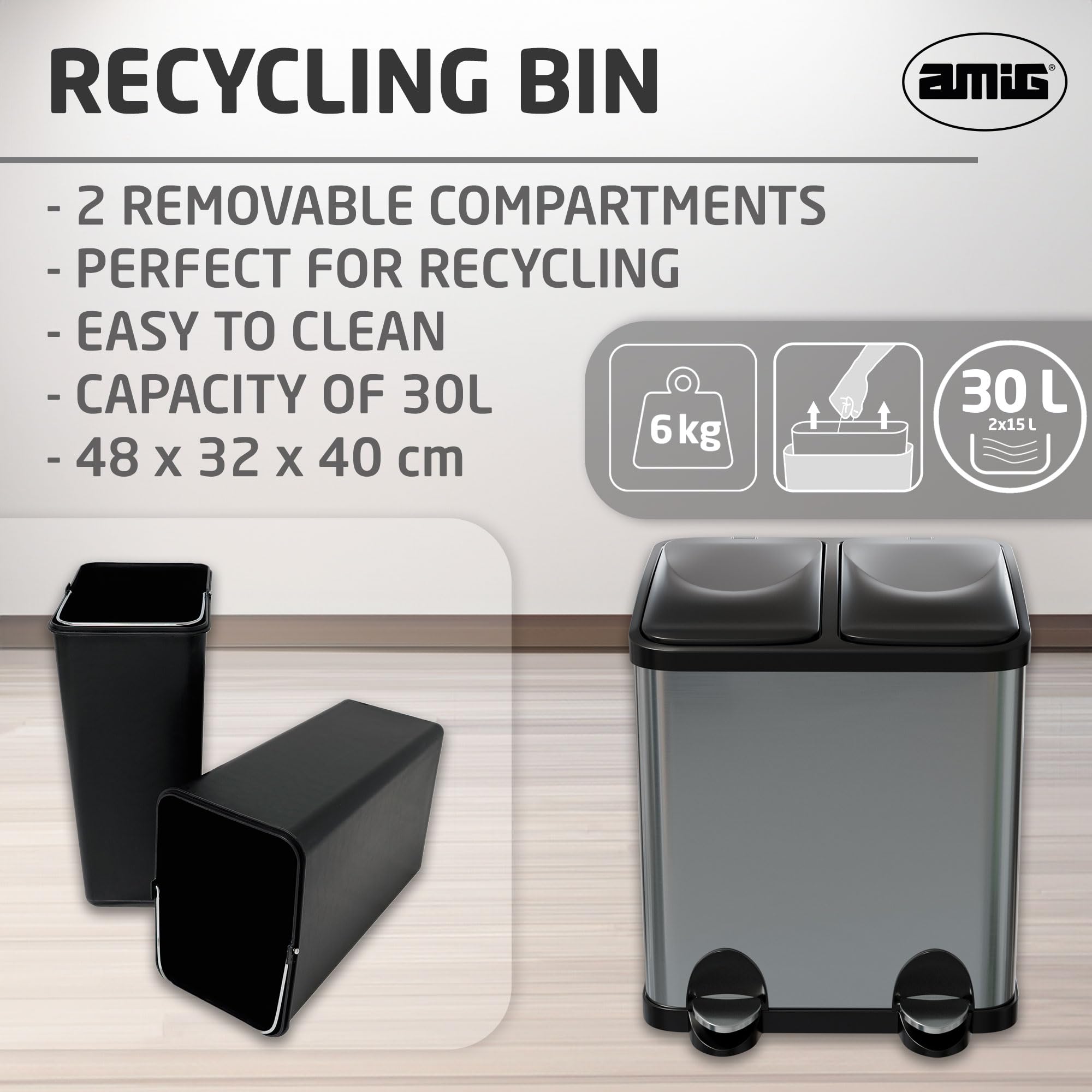 Amig - Double Recycling Bin with Pedals Mod. RECIK2 | Anti-smudge Kitchen Bin | Stainless Steel | 2 Compartments x 15 L | 48 x 32 x 40 cm | Silver and
