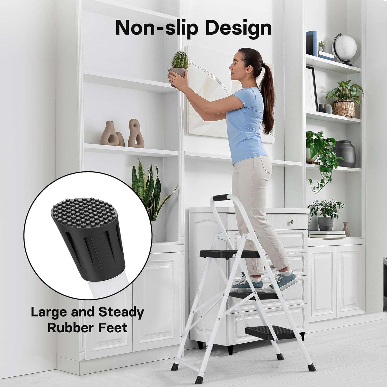 BONTEC 4 Step Ladder Folding, Heavy Duty Foldable Step Stool with Wide Anti-Slip Pedals, Sponge Handrail and Tool Tray, Portable Household Ladder 150kg Capacity, Compact Collapsible Indoor Ladder