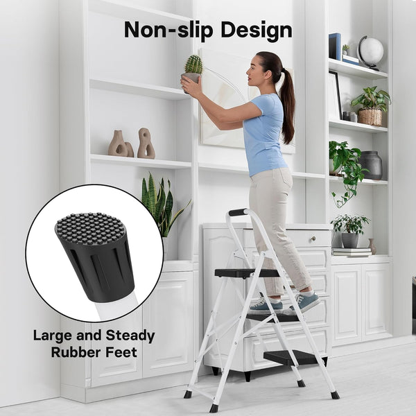 BONTEC 2 Step Ladder, Capacity 150KG with Wide Anti-Slip Pedals, Folding Steel Step Stool, Sponge Handlebar, Lightweight Portable Ladder Suitable for Home, Kitchen, Pantry, Indoor/Outdoor Use, Black