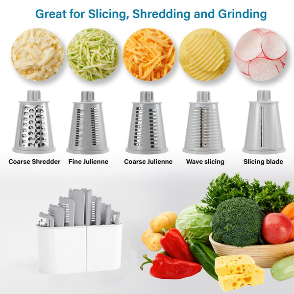 ALEXPHY Rotary Cheese Grater Hand Crank, 5-in-1 Rotary Cheese Grater, Stronger Suction, Easy to Clean Grater for Fruit, Vegetables, Nuts, White