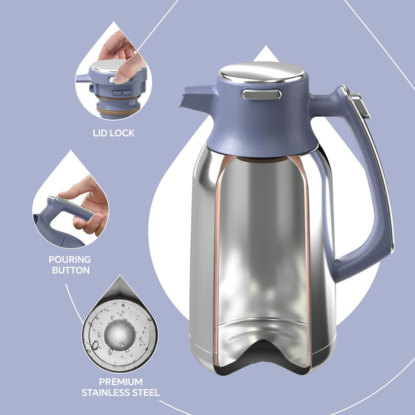 IDEUS Vacuum Insulated Coffee Carafe, 68 oz (2 Liters) Stainless Steel Milk Jug Thermal Tea Pot Hot & Cold Water Beverage Dispenser (Ocean Blue)