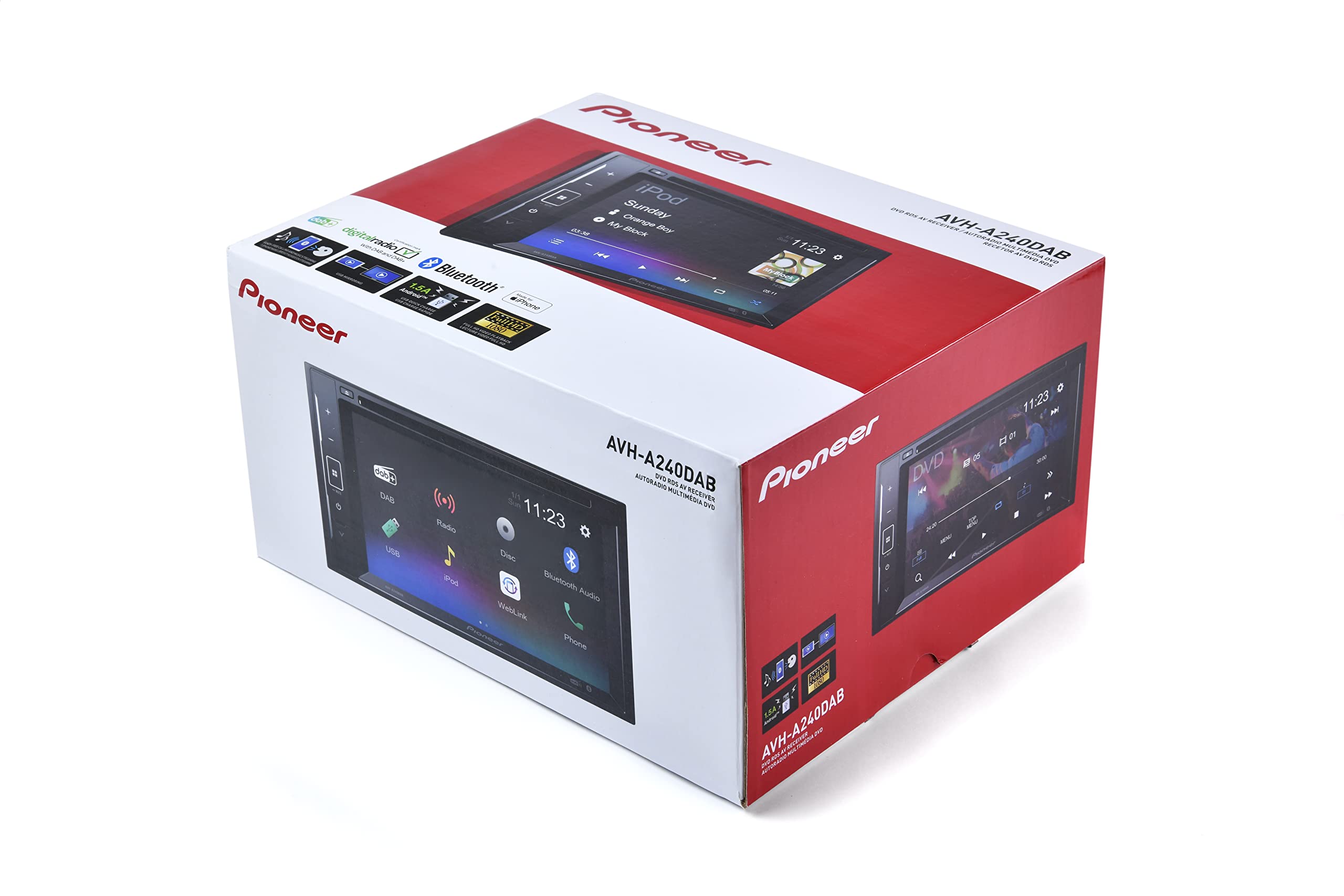 Pioneer AVH-A240DAB 6.2” touchscreen CD/DVD tuner with Smartphone Mirroring. Bluetooth, DAB/ DAB+ Digital Radio, 13-band GEQ, advanced audio features and premium audio quality.