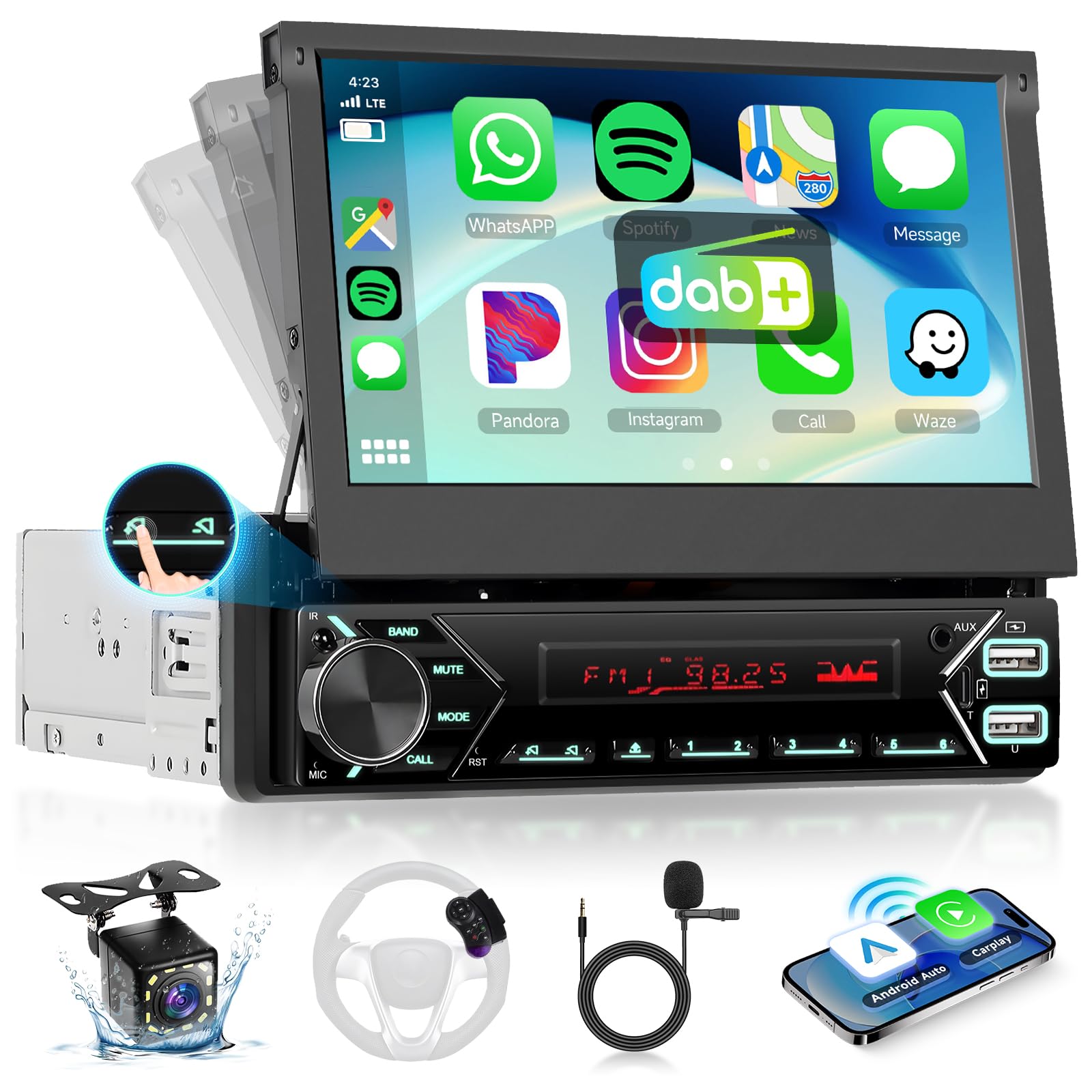DAB/DAB+ Single Din Car Stereo with Wireless Carplay Android Auto, Hodozzy 7 inch Motorized Flip Out 1 Din Touch Screen Bluetooth Car Radio with Mirror Link/EQ/FM/USB/Type-C/AUX/Mic+ Reversing Camera