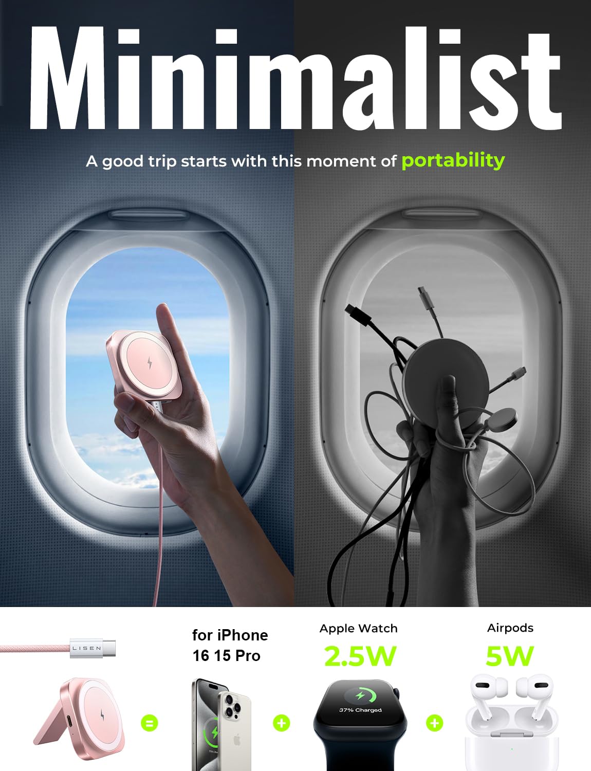 LISEN Travel Magsafe Wireless Charger for iPhone 16 Apple Watch, Mag Safecharger Charging Station Pad Portable Magnetic Charger Stand Dock Desk Accessories for iPhone 16 Pro Max 15 13 12 14 Pro iWatch