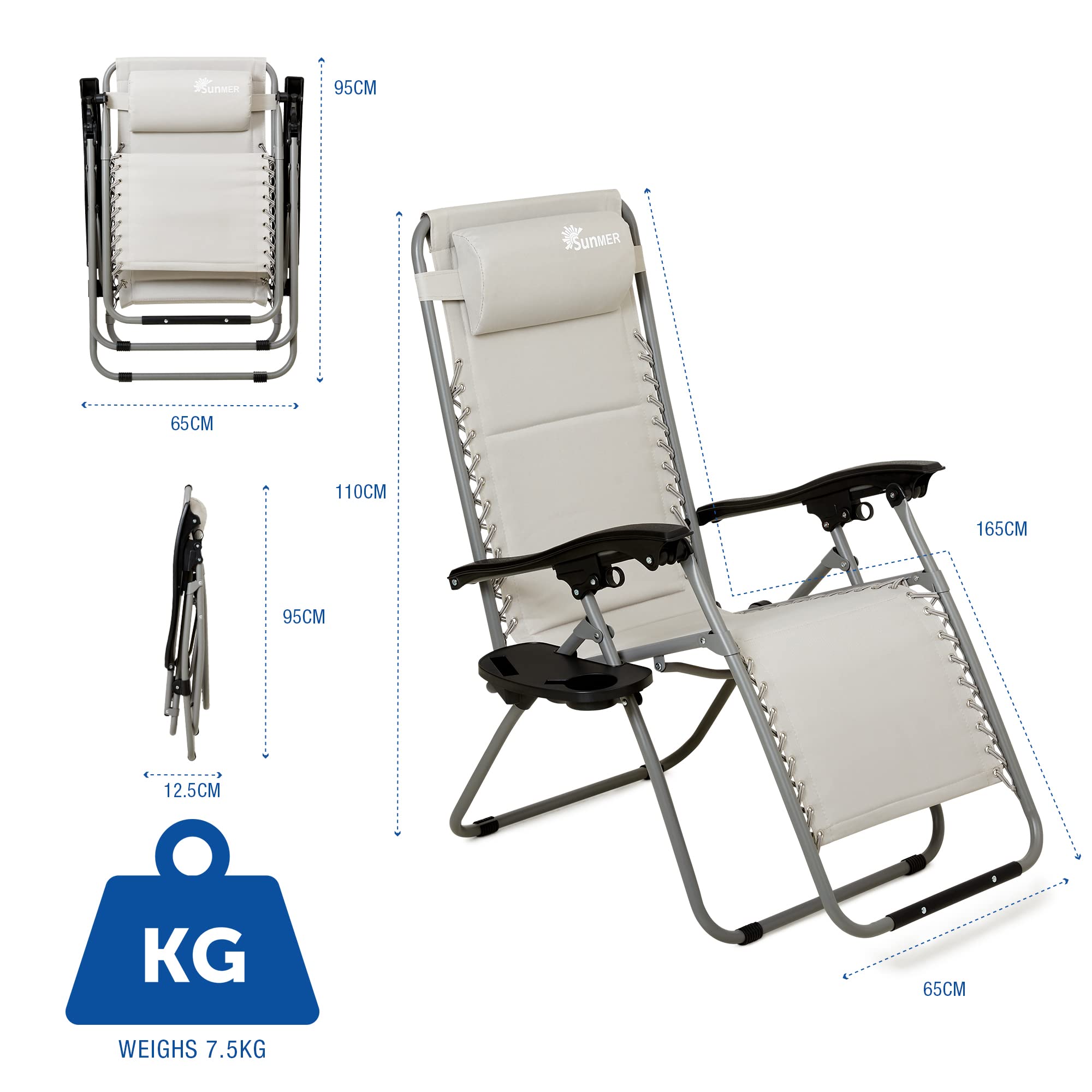 Set of 2 Sun Lounger Garden Chairs With Cup And Phone Holder | Adjustable Headrest Pillow | Deck Folding Recliner Zero Gravity Outdoor Chair - Black