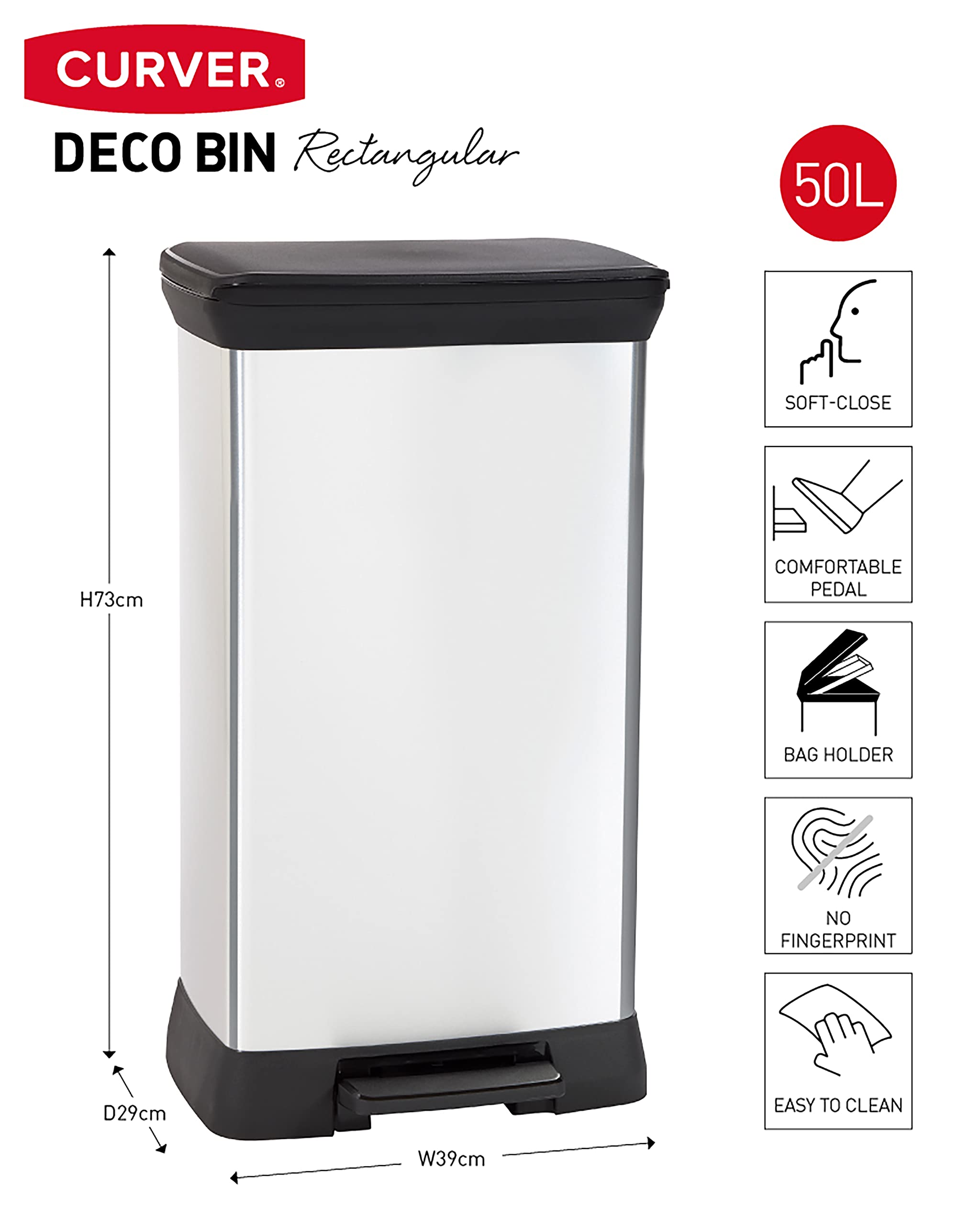 Curver Metal Effect 70% Recycled Kitchen Pedal Touch Deco Bin 50 Litres - Silver