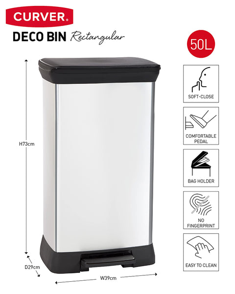 Curver Metal Effect 70% Recycled Kitchen Pedal Touch Deco Bin 50 Litres - Silver