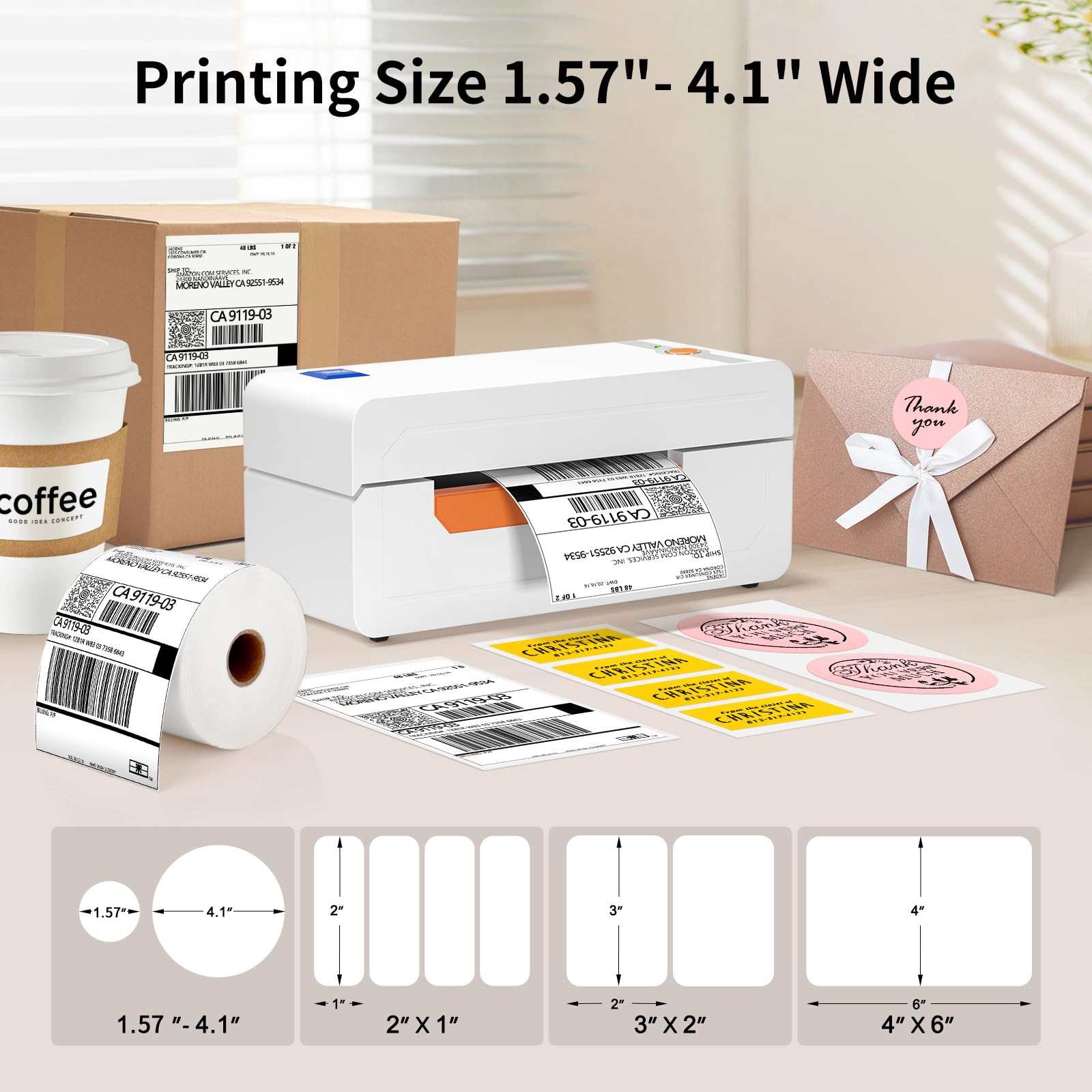 JADENS Bluetooth Thermal Label Printer, 4x6 Shipping Label Printer for Shipping Packages 203DPI, 1.57"-4.1" Printing Size Compatible with Hermes, Royal Mail, Amazon, Shopify