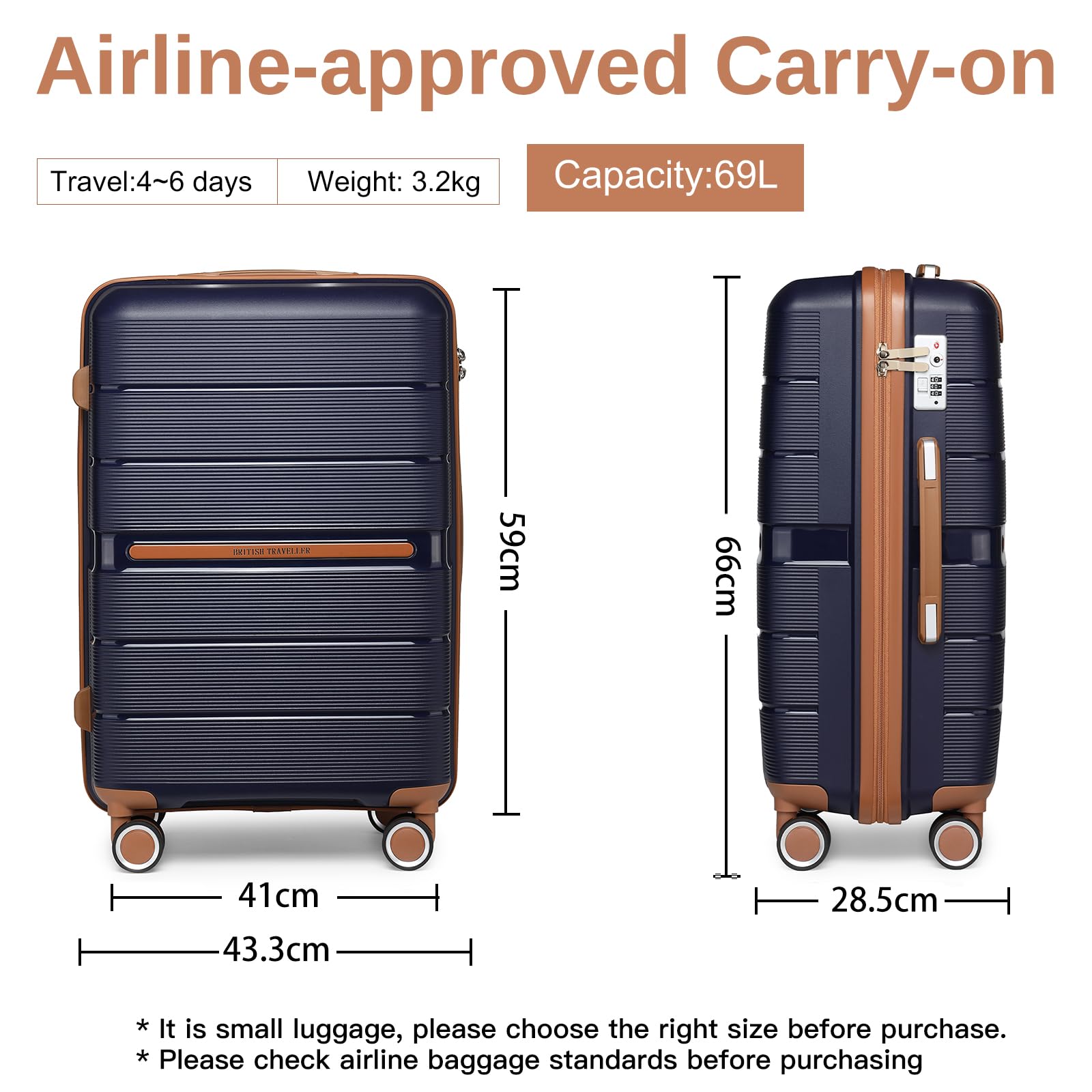British Traveller 24" Medium Suitcase Lightweight Polypropylene Hard Shell Luggage Hold Check in Suitcase with 4 Wheels and Built-in TSA Lock(Navy, 66cm 60L)