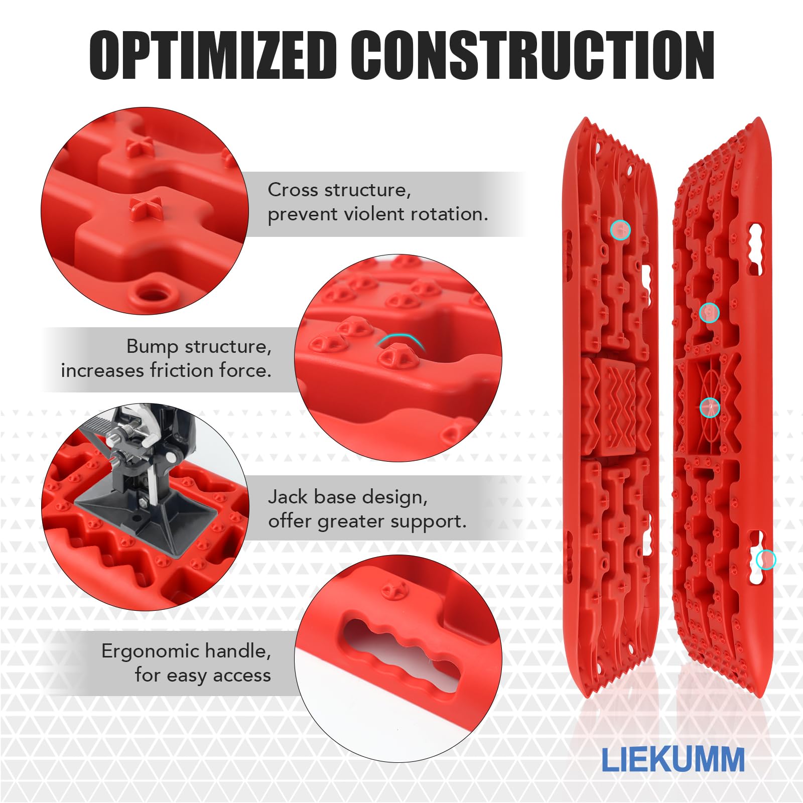 LIEKUMM 2PCS Traction Boards with Jack Lift Base, 104 cm Off-Road Traction Boards for Sand, Mud, Snow, 10 T Capacity Heavy Duty Recovery Tracks for Cars, Trucks, SUVs, Red