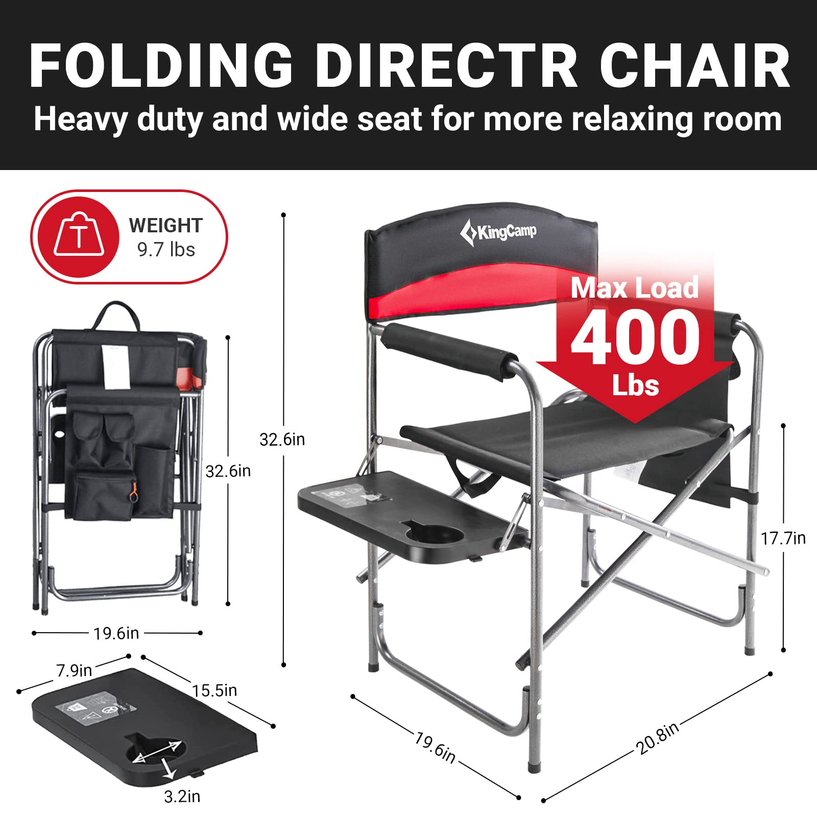 KingCamp Folding Camping Chairs for Adluts Heavy Duty Directors Chair with Cooler Bag and Side Table Support up to 150KG